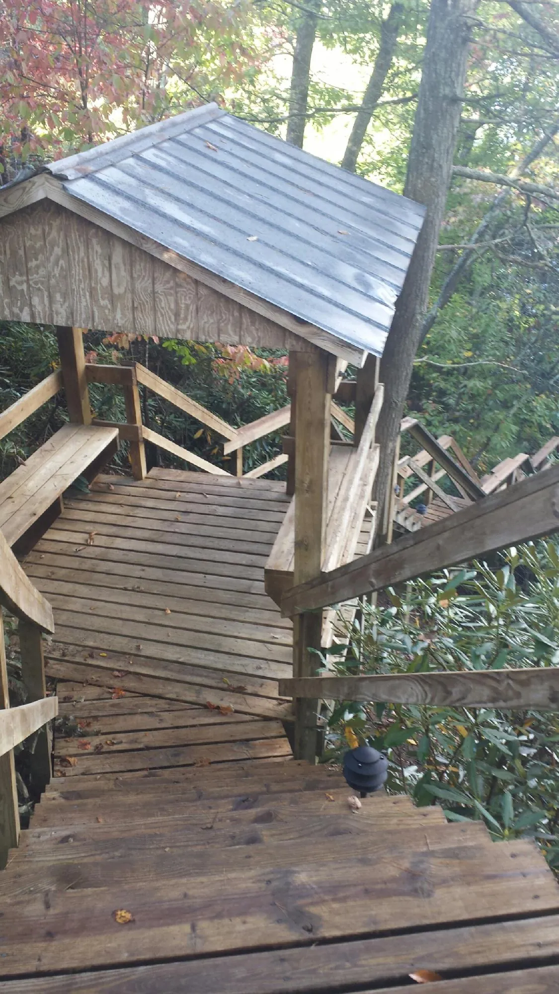 Metal roofed shelter over wooden steps on a wooded walkway — Skylight Repair & Installation work by our crew in San Gabriel
